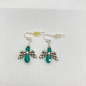 Angel Wing Dangle Earrings Green Crystal Bead Silver Tone Fishhook Charm Fashion